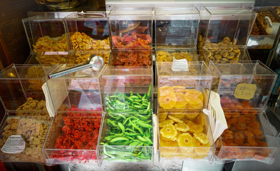 A lot with many sweet dried fruits for sale