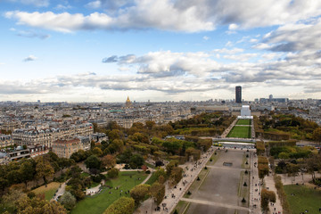 Fototapeta premium A spectacular view from Eiffel tower of Champ de Mars and city skylinein November 2016 in Paris, France.