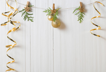 Christmas decorations on white wooden background