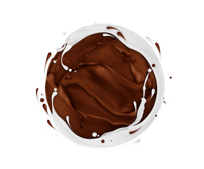 Round sphere made of chocolate and milk splashes on white background
