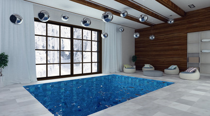 Swimming pool with bright blue water, large windows, white marble floor and cozy lounge zone with rattan furniture