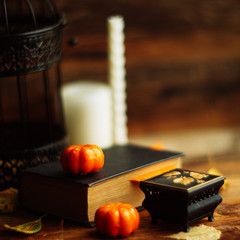 Halloween pumpkin head jack lantern on wooden background