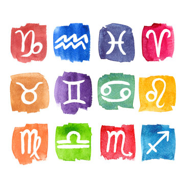Abstract colorful symbols of astrological zodiac signs painted in watercolor on clean white background