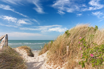 Weg durch Dünen zum Strand an der Ostsee mit blauem Himmel mit Wolken bei Heiligenhafen, Schleswig-Holstein