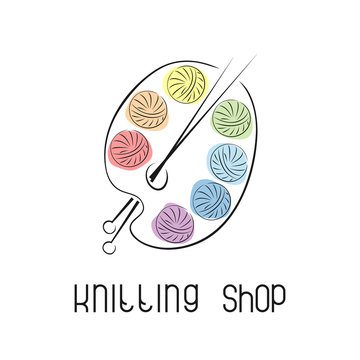 Emblem with yarn and knitting needles. Logo for knitting club, yarn store, handmade artist.