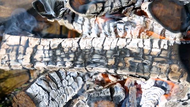 Closeup of hot burning firewood in campfire. Smoldering timbers