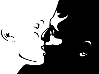 Silhouette close-up portrait of beautiful woman and man kissing. Kissing couple, Valentine Day, Kiss, love and relationship concept illustration vector.