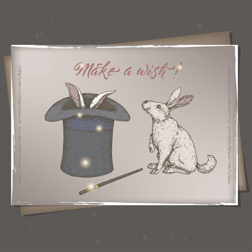 Romantic A4 Format Color Vintage Birthday Card Template With Calligraphy, Bunny, Magic Hat And Wand Sketch.