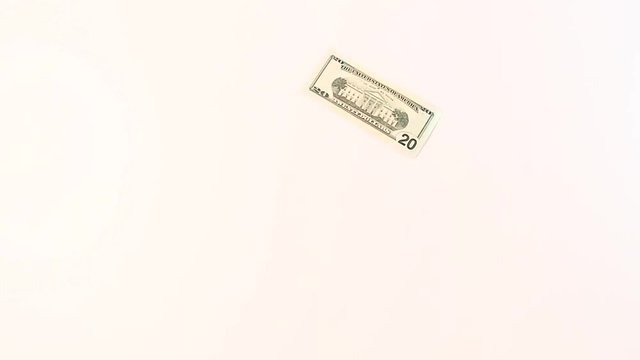 Dollar banknotes in denominations of twenty, fifty and one hundred fall down on a white background. Slow Mo.
