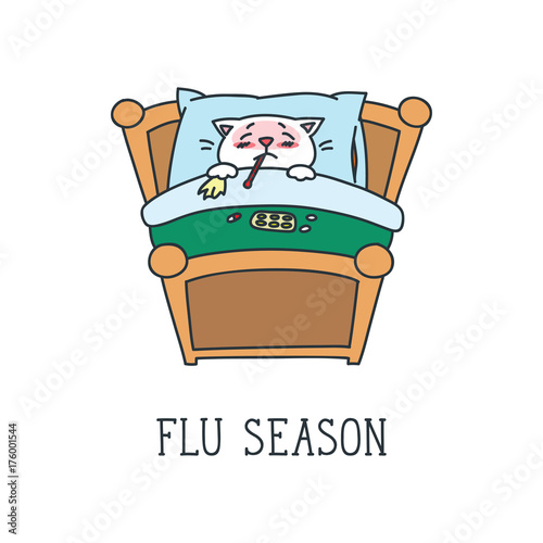 "Flu season. Doodle vector illustration of sick white cat lying in bed