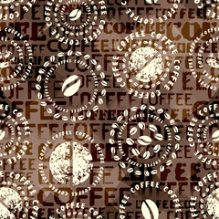 Coffee. Abstract coffee pattern on brown background with a lettring.