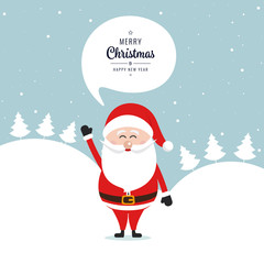Santa claus wave merry christmas speech bubble snow landscape background
