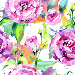 Wildflower eustoma flower pattern in a watercolor style. Full name of the plant: eustoma. Aquarelle wild flower for background, texture, wrapper pattern, frame or border.