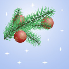 Christmas tree branch with balls. Hanging balls and golden snowflakes. Great for postcards, banners, flyers, headlines. Vector illustration.