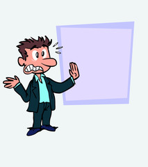 Very scared white businessman. Is showing, as in a presentation, the data you want.