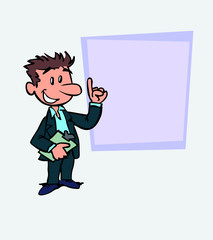 happy white businessman is showing, as in a presentation, the data you want. He has a folder in his hand.