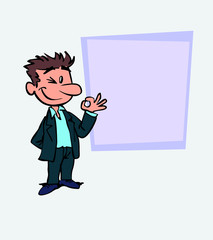 Happy white businessman makes the gesture of ok. Is showing, as in a presentation, the data you want.