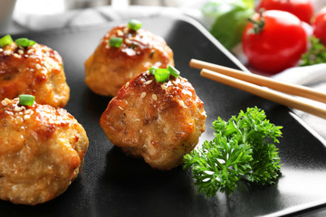 Plate with delicious meatballs, closeup