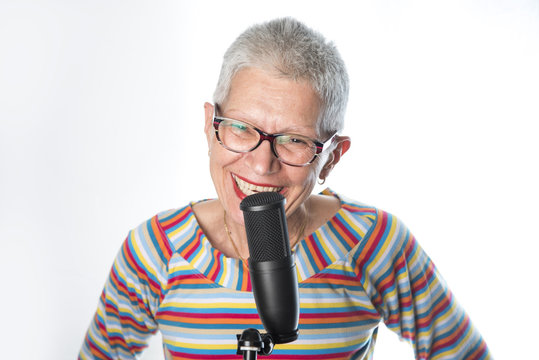 Senior Elderly Woman Singing Karaoke, Expressing Her Music Spirit, Having Fun, White Background