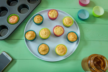 Tray of healthy muffins, Thanksgiving and autumn dessert, top view