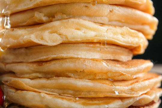 Stack of tasty pancakes, closeup
