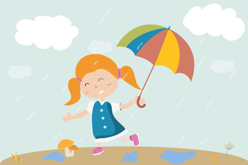 a girl walks under the rain with umbrella in hand. Hello autumn
