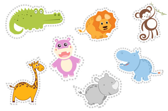 cute animals of Africa, around the dotted line, great for gluing. Rhino, crocodile, monkey, Hippo, giraffe, lion.