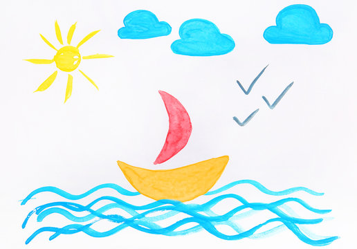 Child's painting of boat on white sheet