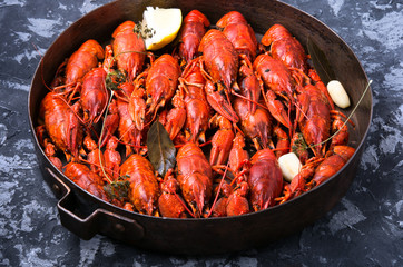 crawfish in copper frying pan