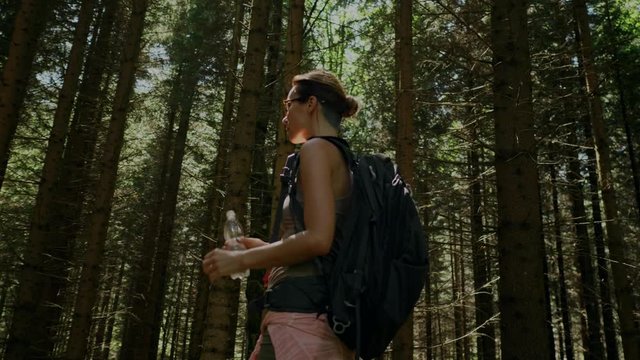 Beautiful woman hiker walking in a forest