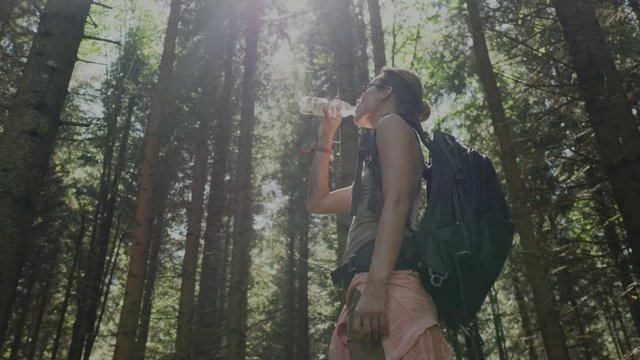 Beautiful woman hiker walking in a forest