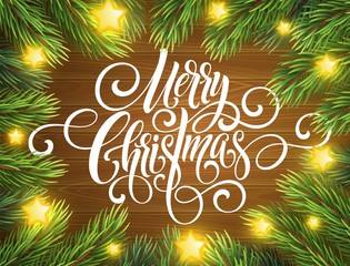 Merry Christmas handwriting script lettering. Greeting background with a Christmas tree. Vector illustration