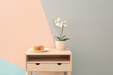 Composition with orchid in apricot flowerpot and ripe peaches on table against trendy color...