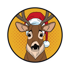 Reindeer with santa hat Christmas pop art vector illustration graphic