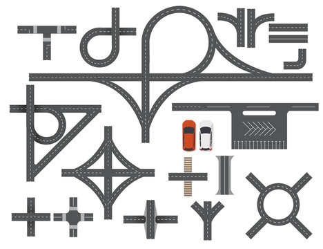 Road Map Design Element Set. Top view vector elements.Part of road highway,
road junctions,road for traffic 
