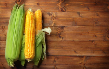 Fresh corn cobs on wooden table