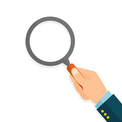Hand with a magnifying glass. Flat style on white background - stock vector.