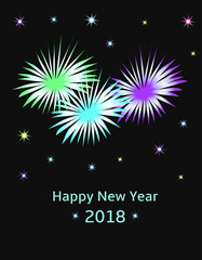 Fototapeta na wymiar pf 2018 colorful fireworks and stars happy new year text