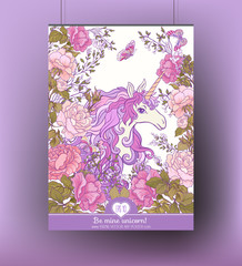 Poster with the unicorn, a bouquet of roses and butterflies on w