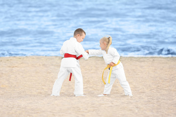 Fototapeta na wymiar Little children practicing karate outdoors