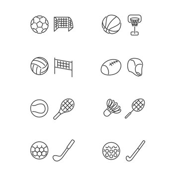 Icons of sport with balls and accessories in line style / There are football, basketball, volleyball, rugby, tennis, badminton, golf and field hockey

