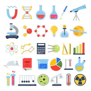 Scientific icon set. Science lab with different equipment. Vector pictures in flat style