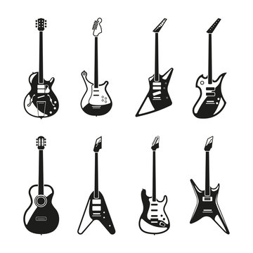 Different rock electric guitars set. Vector monochrome pictures