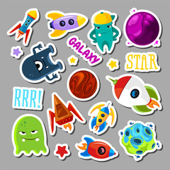 Set of stickers with space objects and monsters. Cartoon vector illustration for children