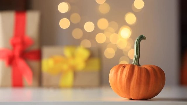 Pumpkin with Fairy Ligths and bokeh on background