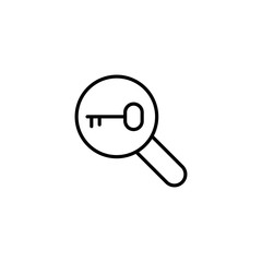 loupe with key. keyword researching symbol. seo line black icon