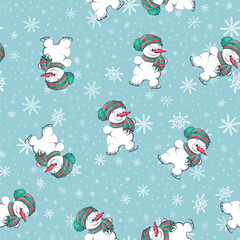 Vector seamless pattern with hand drawn cute snowmen. Beautiful Christmas design