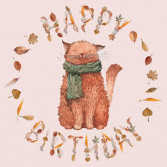 A cozy Happy Birthday card with a cute cat wearing a warm knitted scarf, leaves that are falling around and letters 