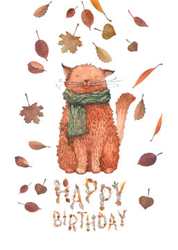 A cozy Happy Birthday card with a cute cat wearing a warm knitted scarf, leaves that are falling around and letters "Happy Birthday" written of leaves! International Paper format.