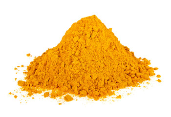 Heap of turmeric powder isolated on white background